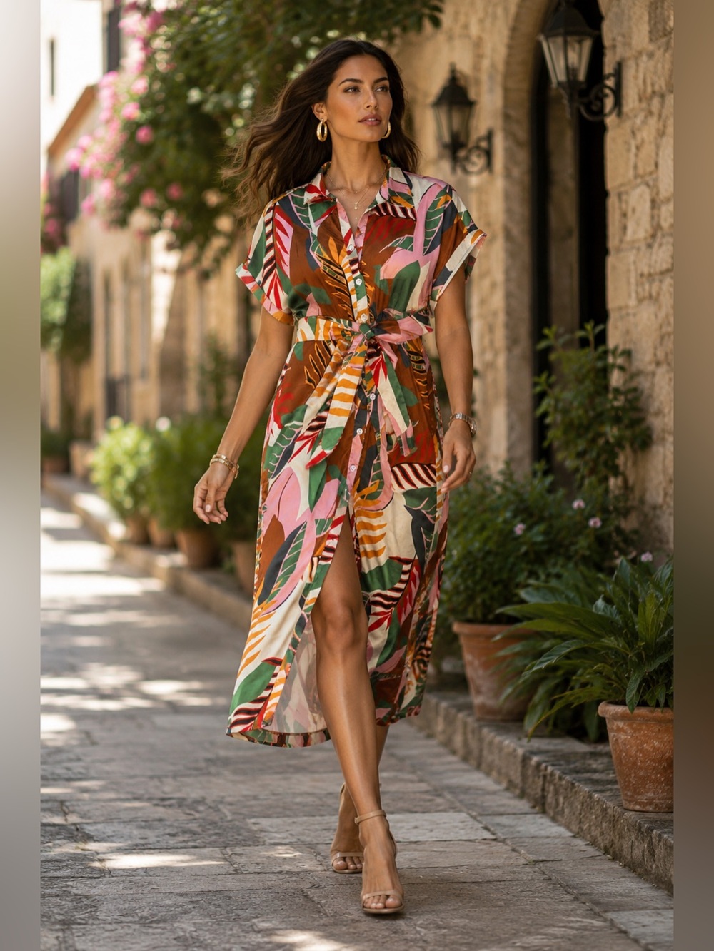 Colorful Tropical Print Button-Front Tie-Waist Midi Dress
